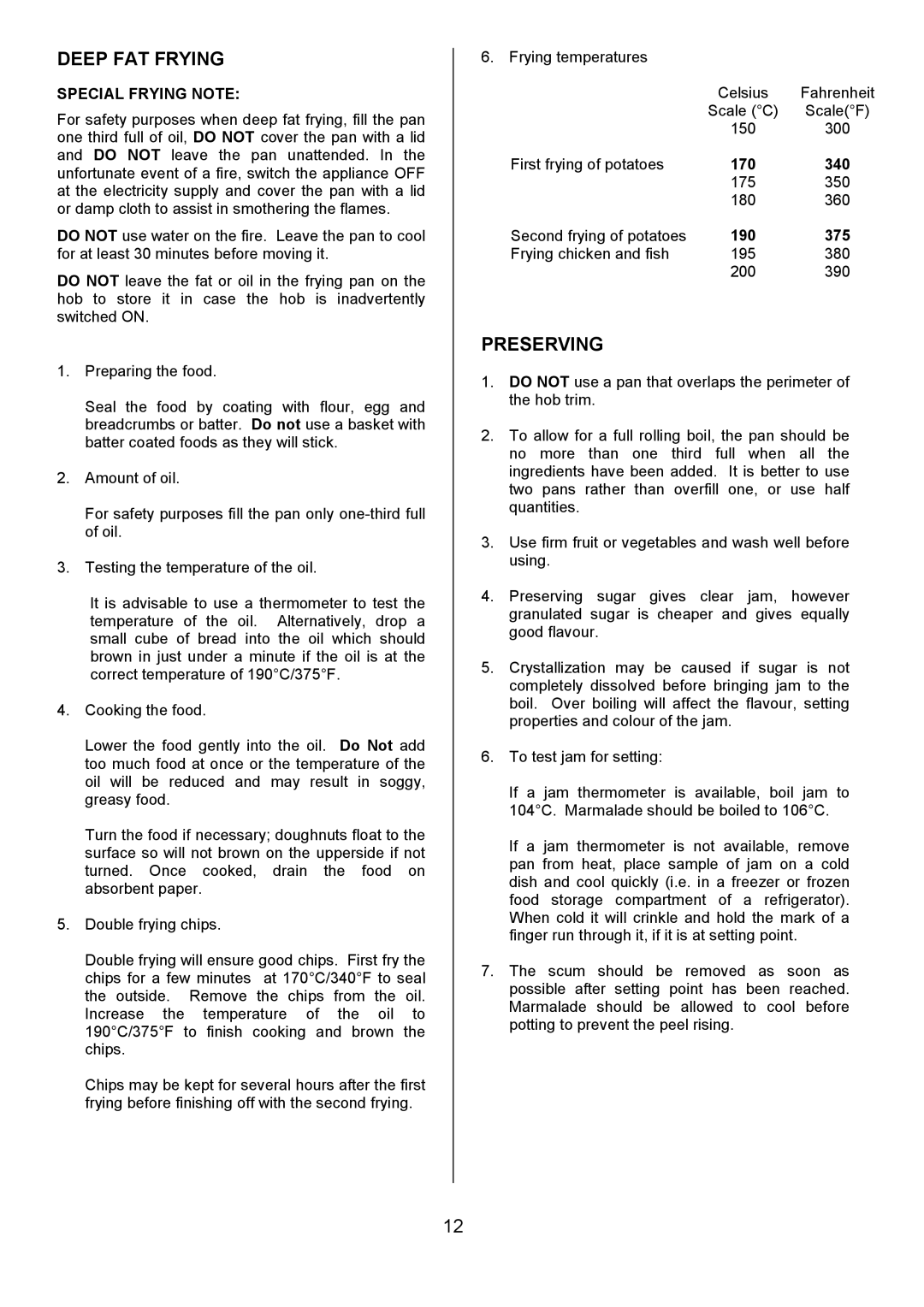 Tricity Bendix CSIE317 installation instructions Deep FAT Frying, Preserving, Special Frying Note 