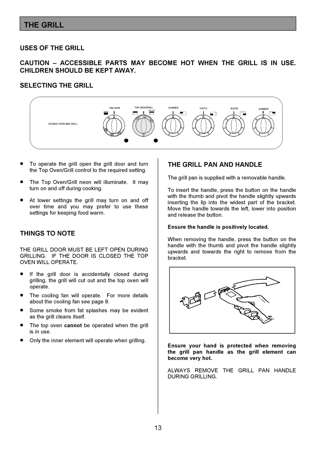 Tricity Bendix CSIE317 Uses of the Grill Selecting the Grill, Things to Note, Grill PAN and Handle 