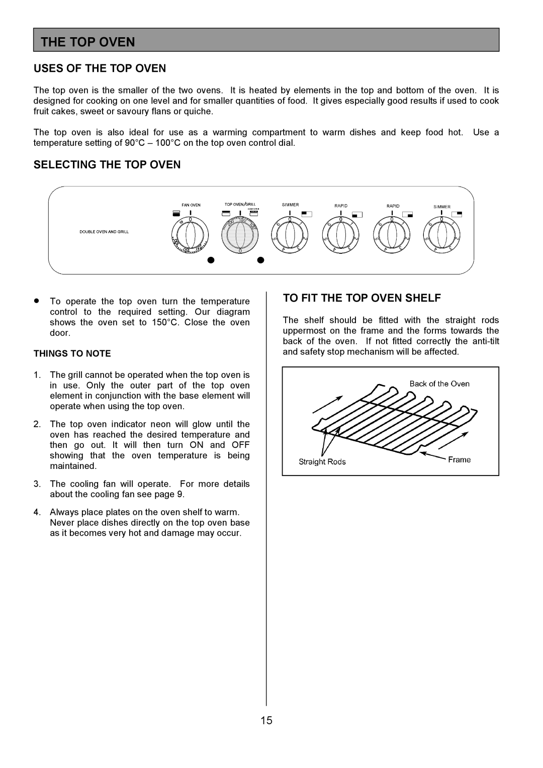 Tricity Bendix CSIE317 Uses of the TOP Oven, Selecting the TOP Oven, To FIT the TOP Oven Shelf, Things to Note 