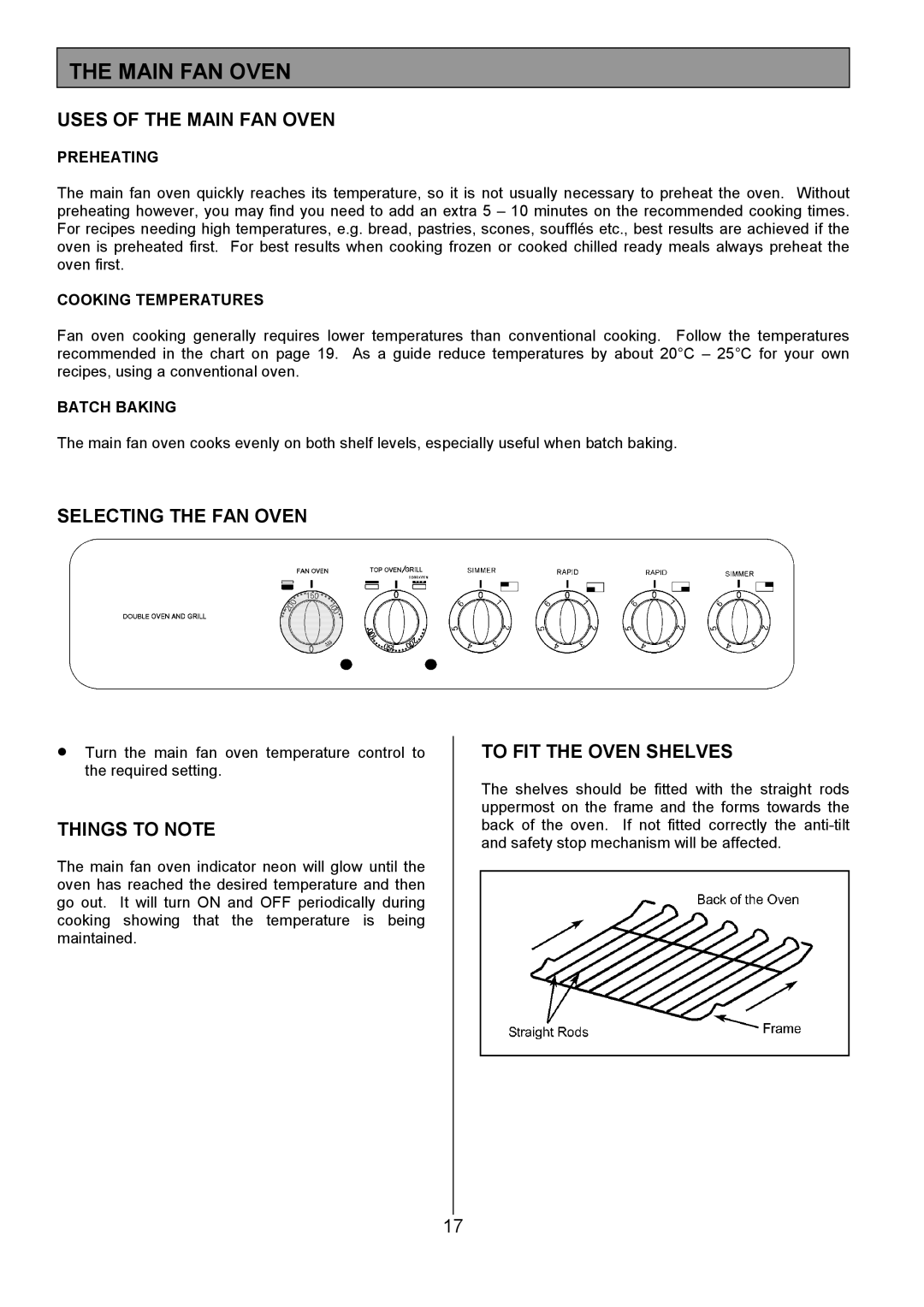 Tricity Bendix CSIE317 Uses of the Main FAN Oven, Selecting the FAN Oven, To FIT the Oven Shelves 