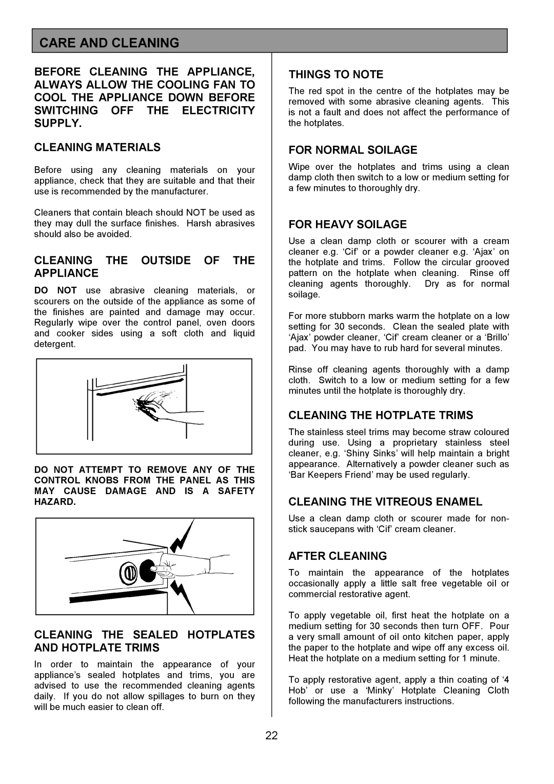 Tricity Bendix CSIE317 installation instructions Care and Cleaning 