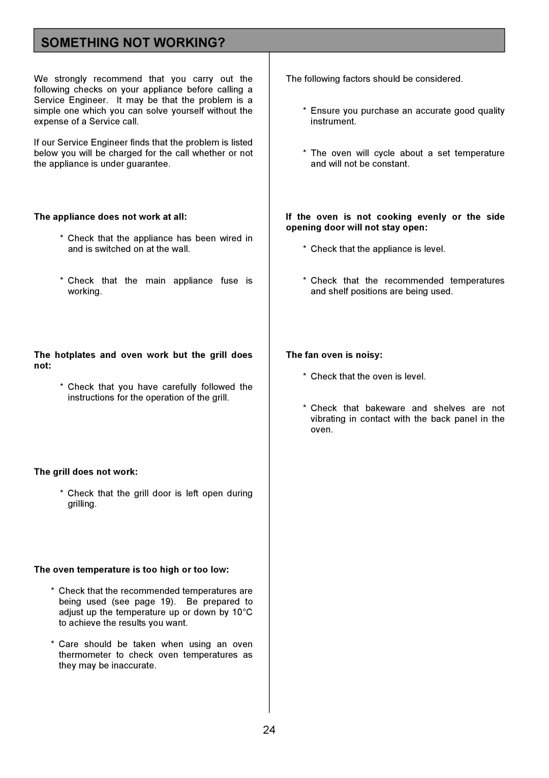 Tricity Bendix CSIE317 installation instructions Something not WORKING?, Appliance does not work at all 