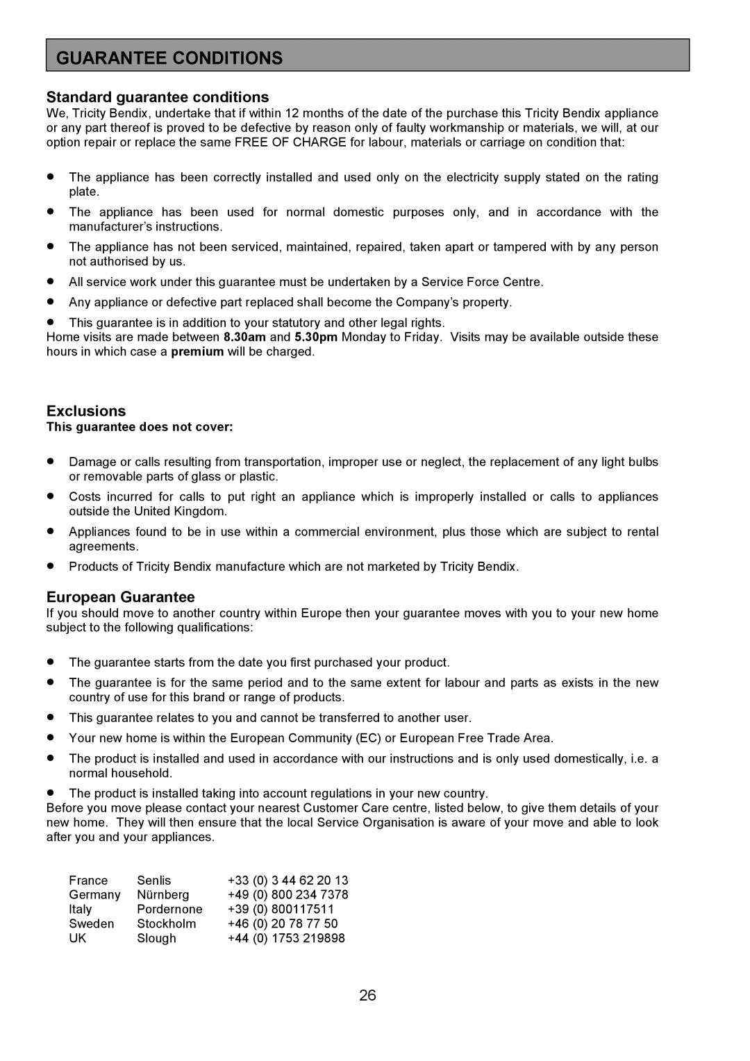 Tricity Bendix CSIE317 installation instructions Guarantee Conditions, Standard guarantee conditions 