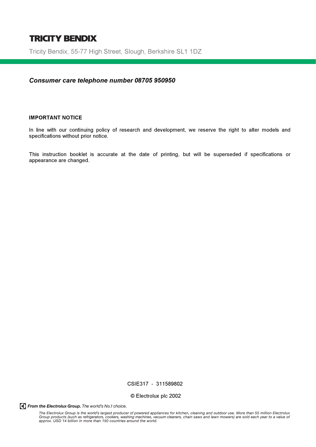 Tricity Bendix CSIE317 installation instructions Consumer care telephone number 08705, Important Notice 