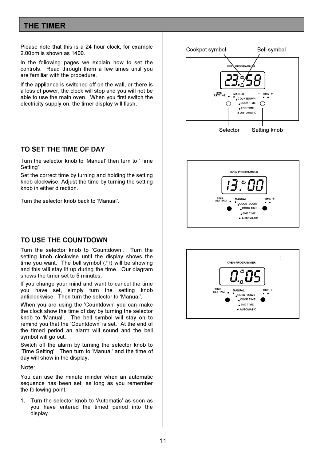 Tricity Bendix CSIE452 installation instructions Timer, To SET the Time of DAY, To USE the Countdown 