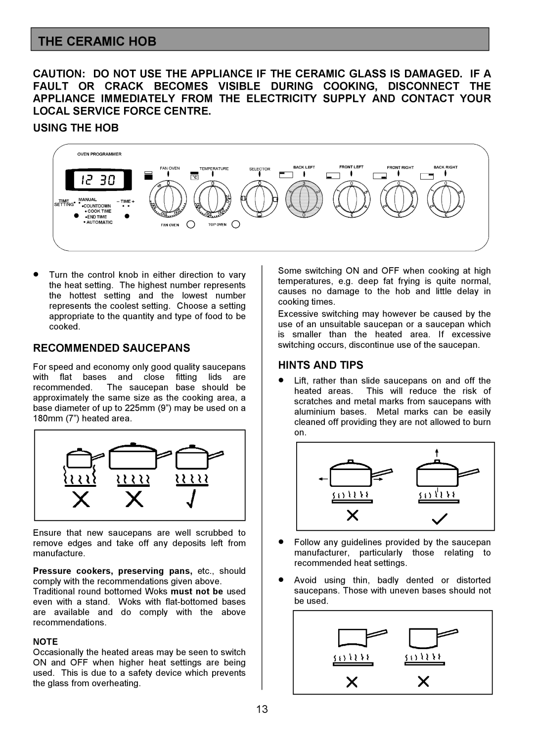 Tricity Bendix CSIE452 installation instructions Ceramic HOB, Using the HOB, Recommended Saucepans, Hints and Tips 