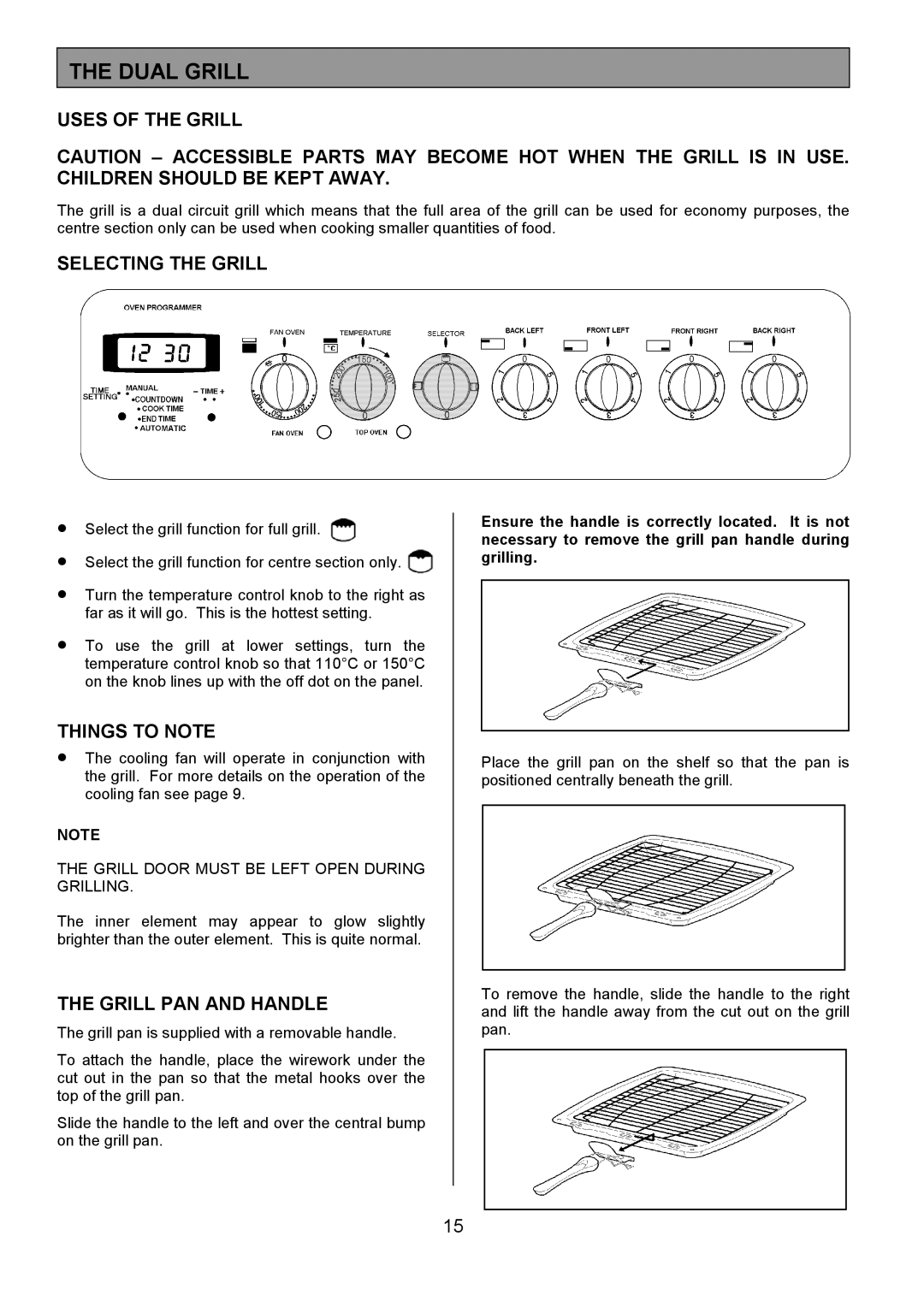 Tricity Bendix CSIE452 Dual Grill, Uses of the Grill, Selecting the Grill, Things to Note, Grill PAN and Handle 