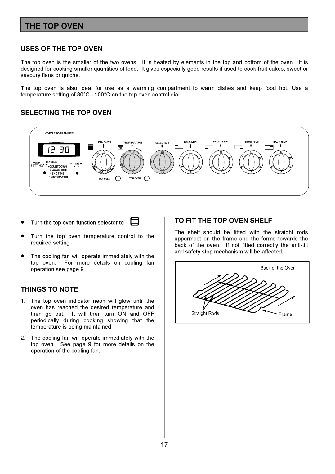 Tricity Bendix CSIE452 Uses of the TOP Oven, Selecting the TOP Oven, To FIT the TOP Oven Shelf 