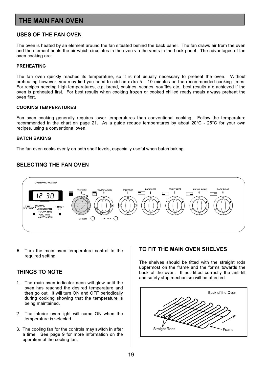 Tricity Bendix CSIE452 Main FAN Oven, Uses of the FAN Oven, Selecting the FAN Oven, To FIT the Main Oven Shelves 