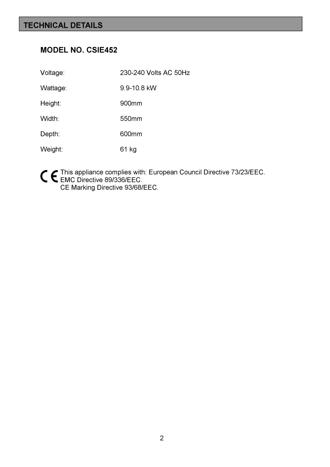 Tricity Bendix installation instructions Technical Details Model NO. CSIE452 