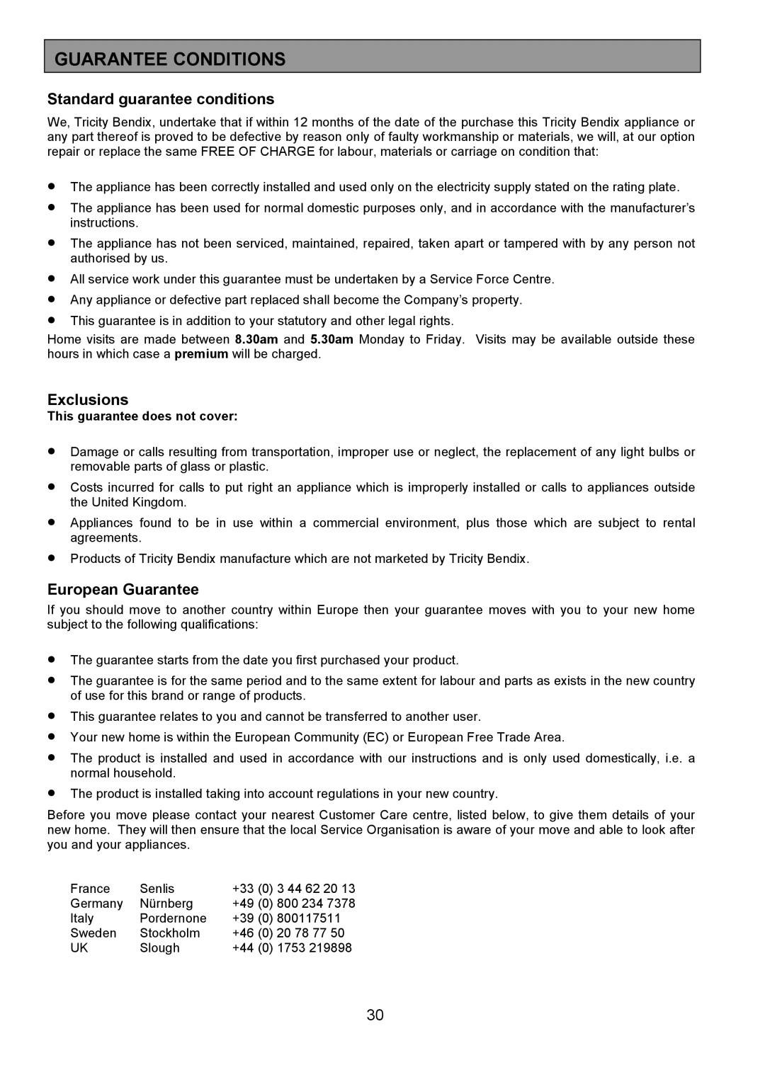 Tricity Bendix CSIE452 installation instructions Guarantee Conditions, Standard guarantee conditions 