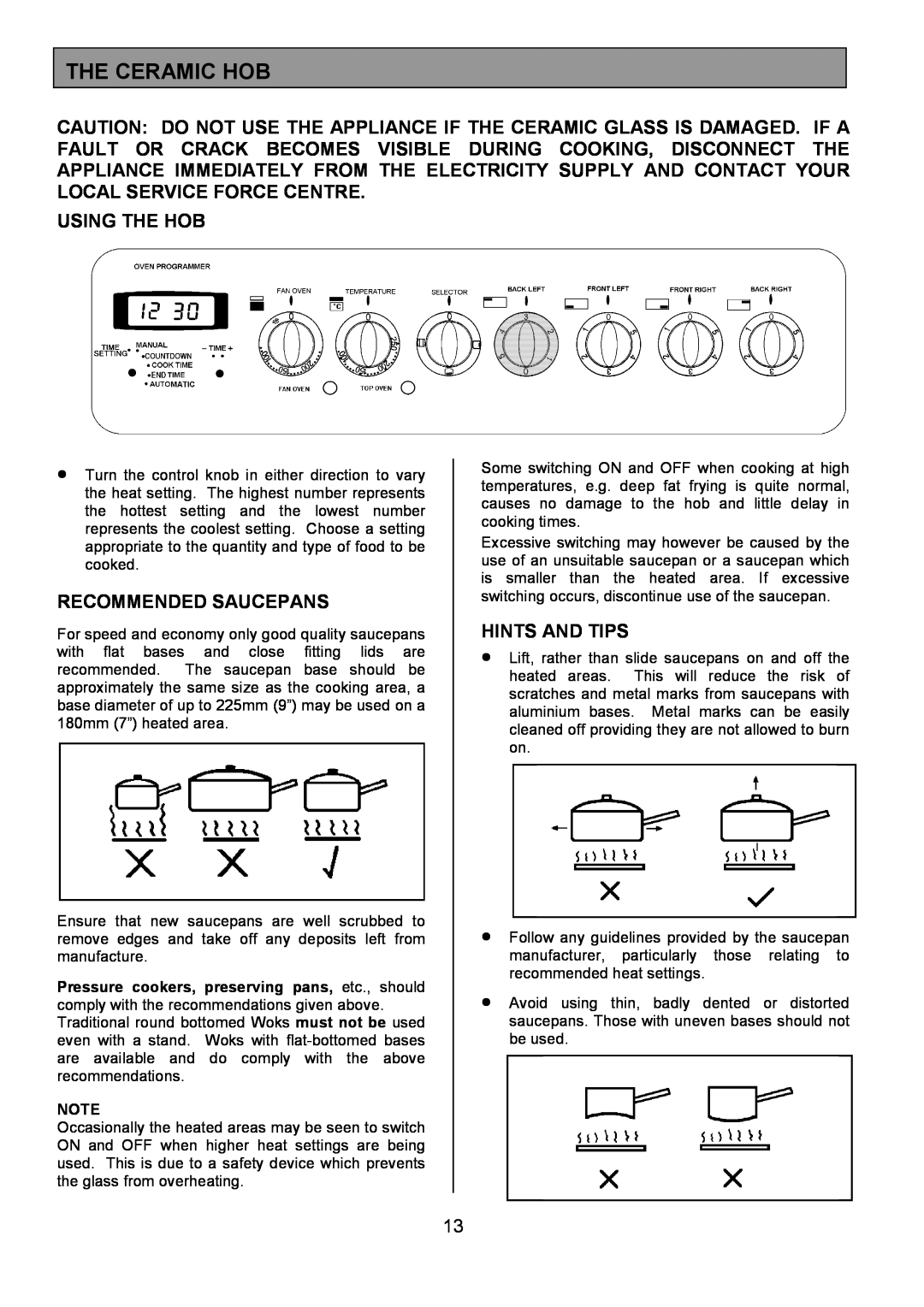 Tricity Bendix CSIE452 installation instructions The Ceramic Hob, Using The Hob, Recommended Saucepans, Hints And Tips 