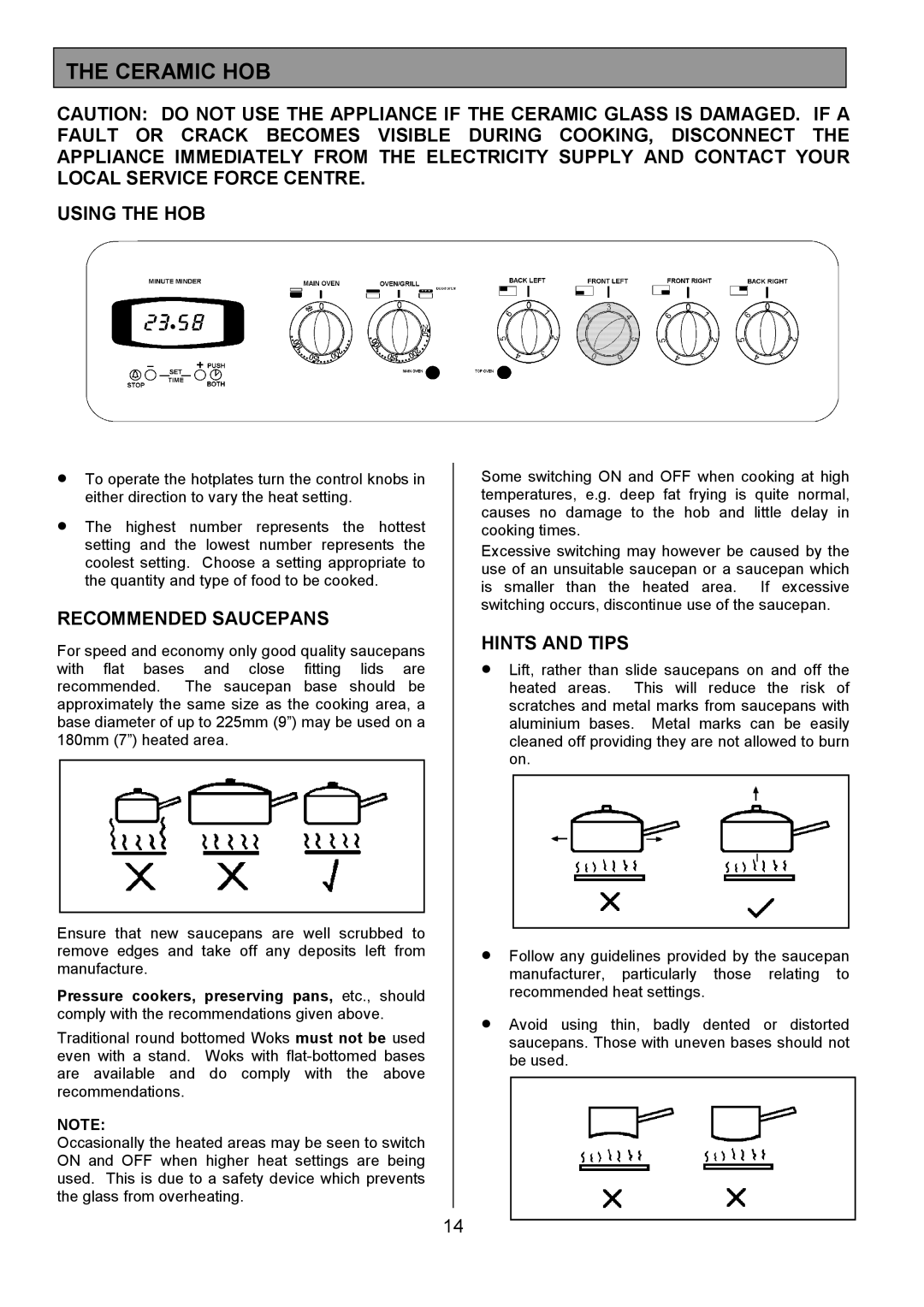 Tricity Bendix CSIE501 installation instructions Ceramic HOB, Using the HOB, Recommended Saucepans, Hints and Tips 