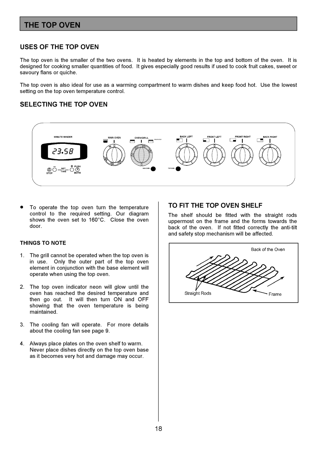 Tricity Bendix CSIE501 Uses of the TOP Oven, Selecting the TOP Oven, To FIT the TOP Oven Shelf, Things to Note 