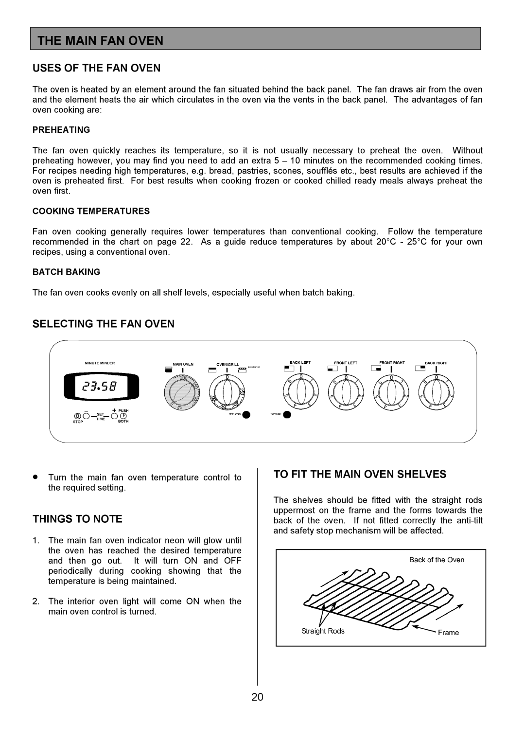 Tricity Bendix CSIE501 Main FAN Oven, Uses of the FAN Oven, Selecting the FAN Oven, To FIT the Main Oven Shelves 