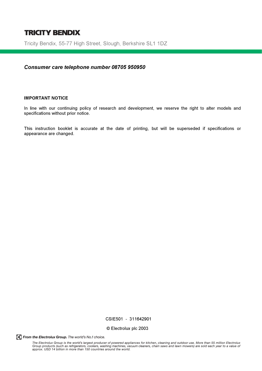 Tricity Bendix CSIE501 installation instructions Consumer care telephone number 08705, Important Notice 