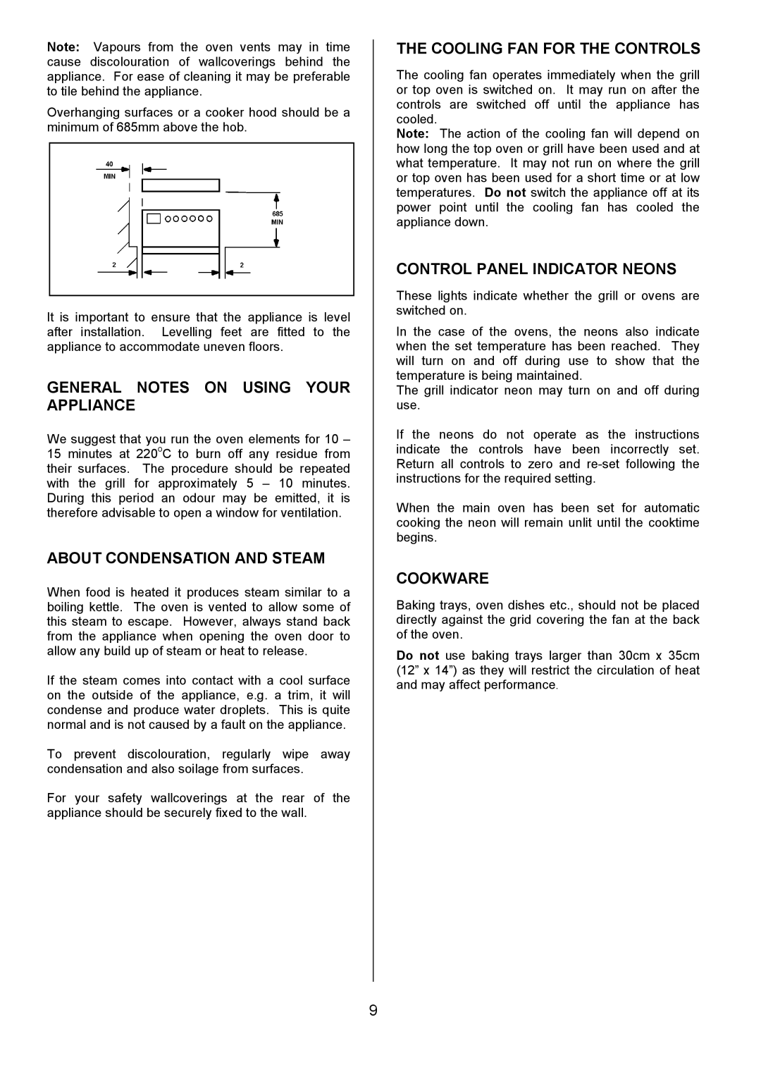 Tricity Bendix CSIE501 General Notes on Using Your Appliance, About Condensation and Steam, Cooling FAN for the Controls 