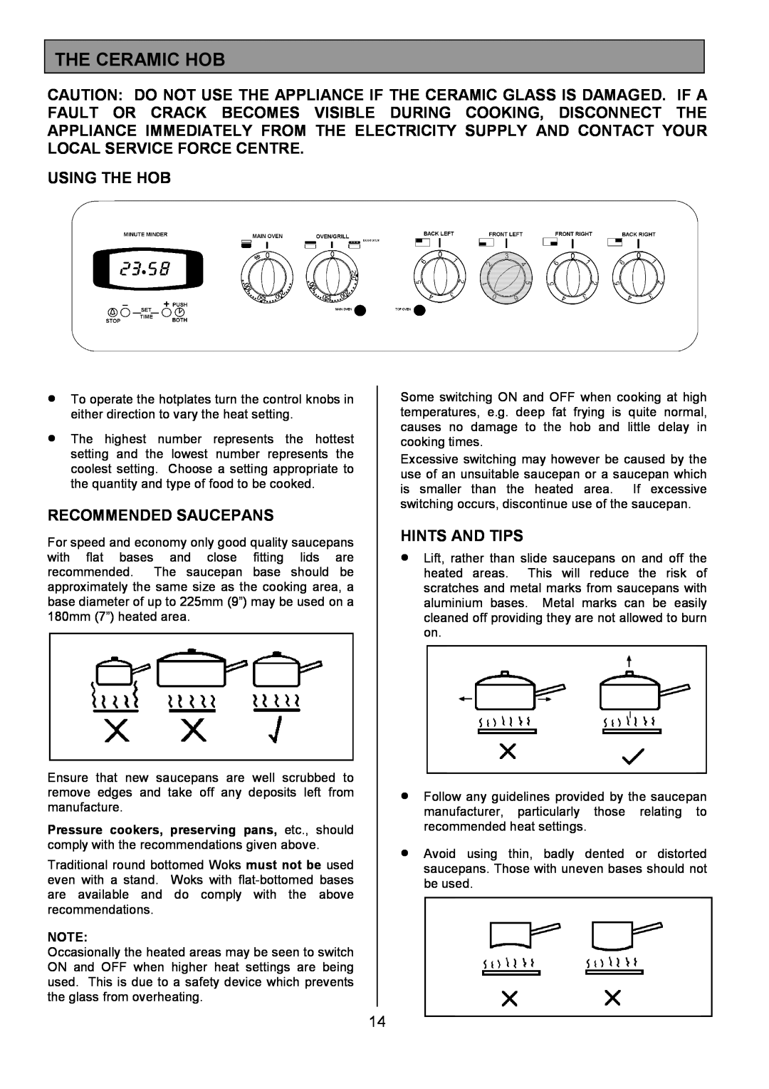 Tricity Bendix CSIE501 installation instructions The Ceramic Hob, Using The Hob, Recommended Saucepans, Hints And Tips 