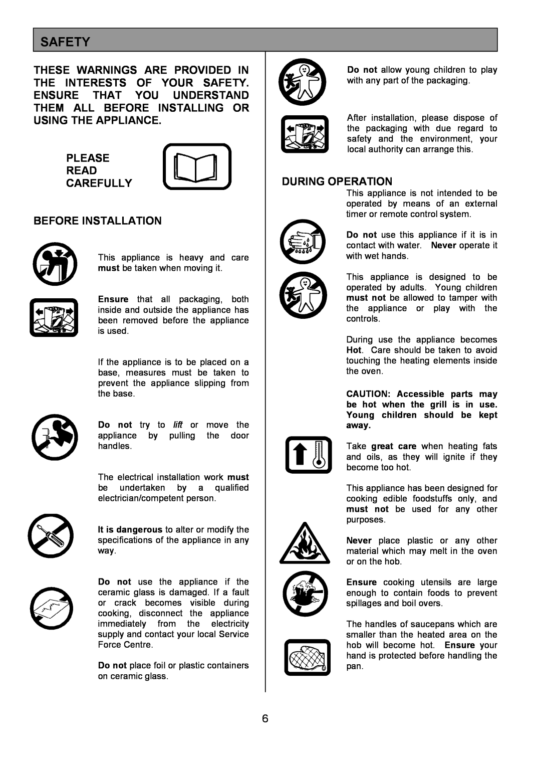 Tricity Bendix CSIE501 installation instructions Safety, Please Read Carefully Before Installation, During Operation 