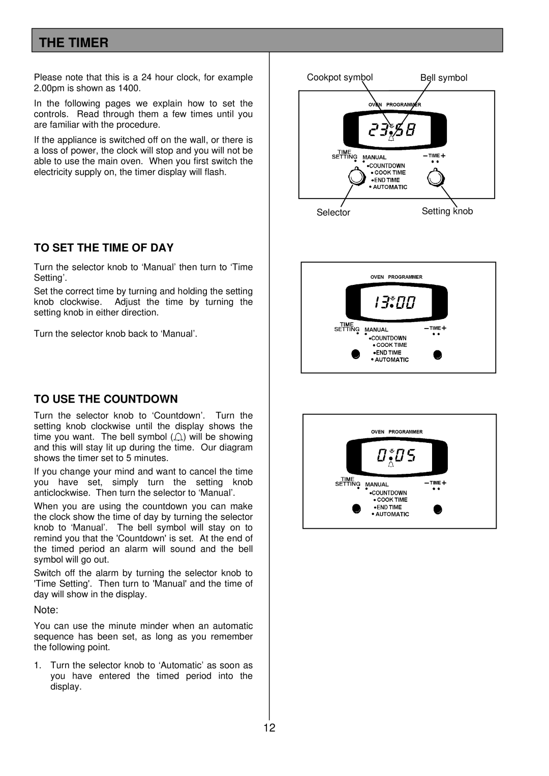 Tricity Bendix CSIE508 installation instructions Timer, To SET the Time of DAY, To USE the Countdown 