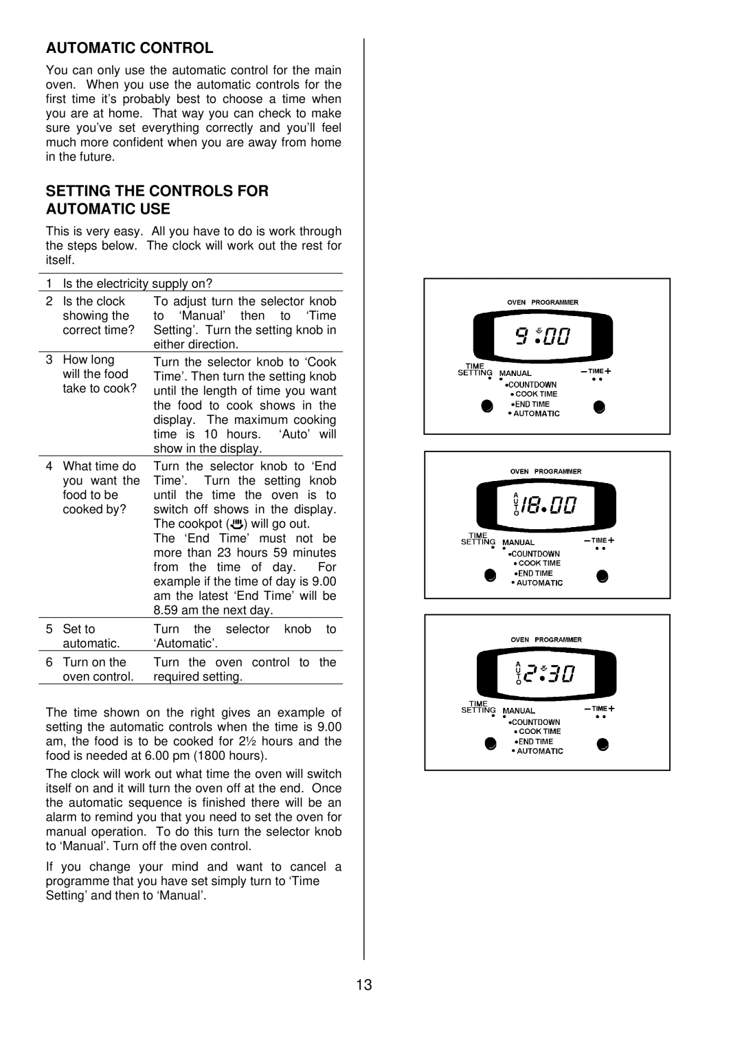 Tricity Bendix CSIE508 installation instructions Automatic Control, Setting the Controls for Automatic USE 