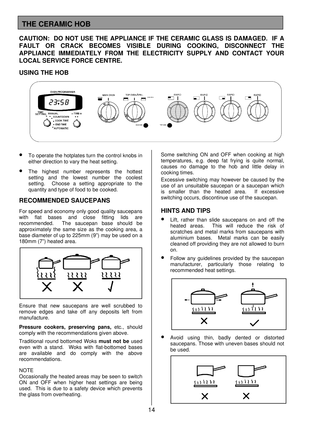 Tricity Bendix CSIE508 installation instructions Ceramic HOB, Using the HOB, Recommended Saucepans, Hints and Tips 