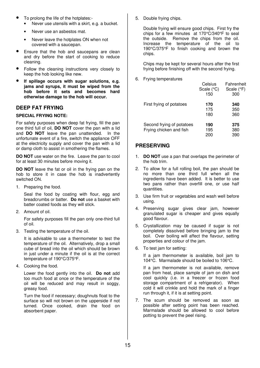 Tricity Bendix CSIE508 installation instructions Deep FAT Frying, Preserving, Special Frying Note 