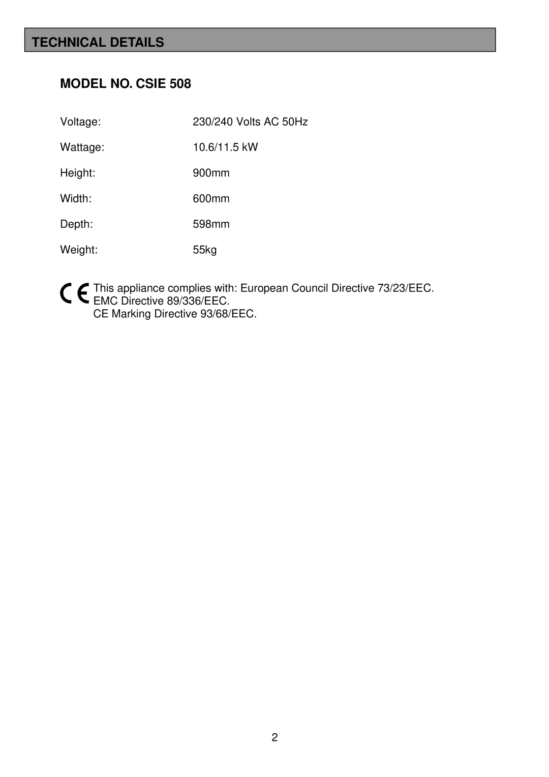 Tricity Bendix CSIE508 installation instructions Technical Details Model NO. Csie 