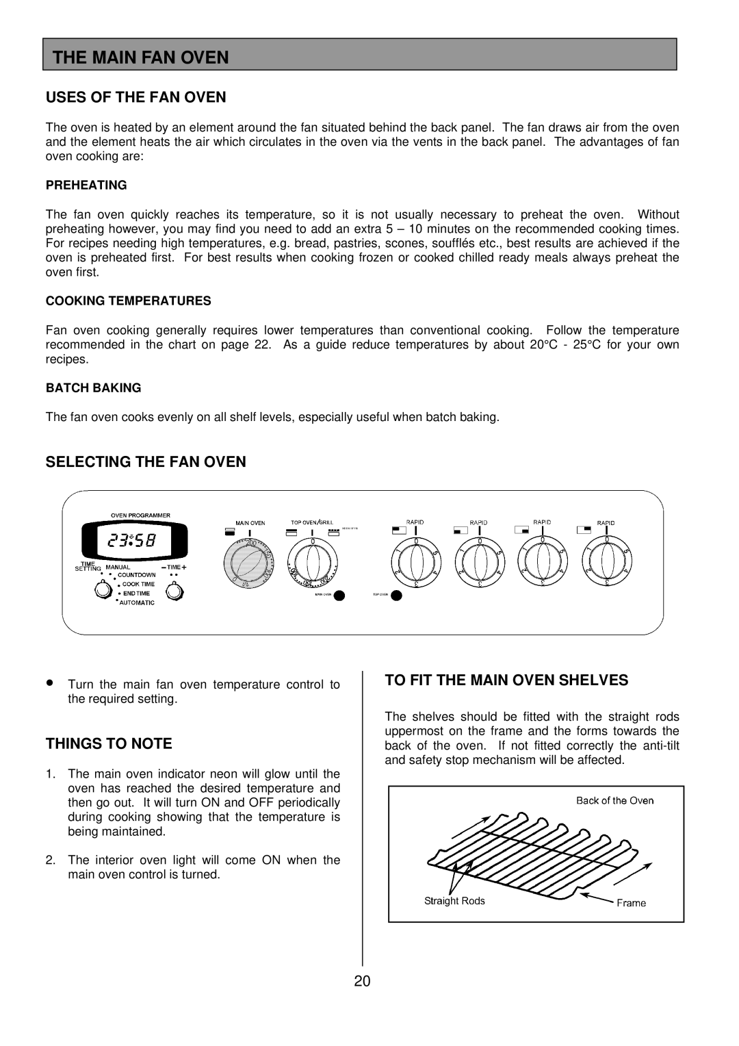 Tricity Bendix CSIE508 Main FAN Oven, Uses of the FAN Oven, Selecting the FAN Oven, To FIT the Main Oven Shelves 