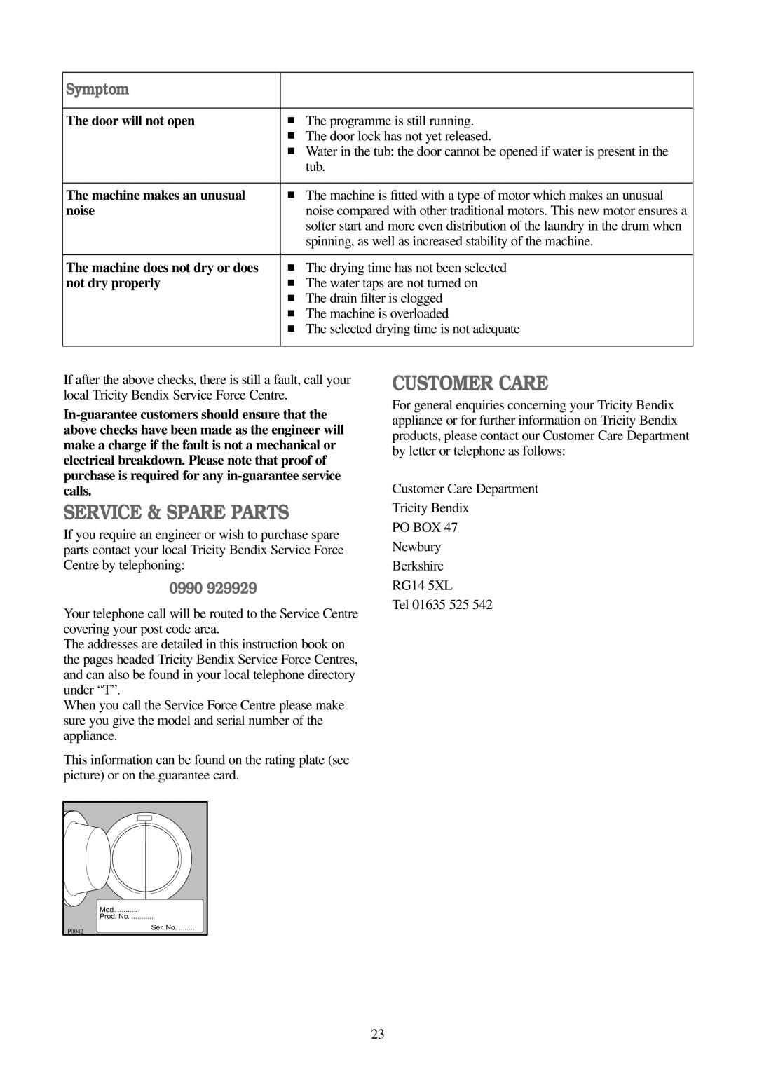 Tricity Bendix WDR 1020, CWD 1010 Door will not open, Machine makes an unusual, Noise, Machine does not dry or does 
