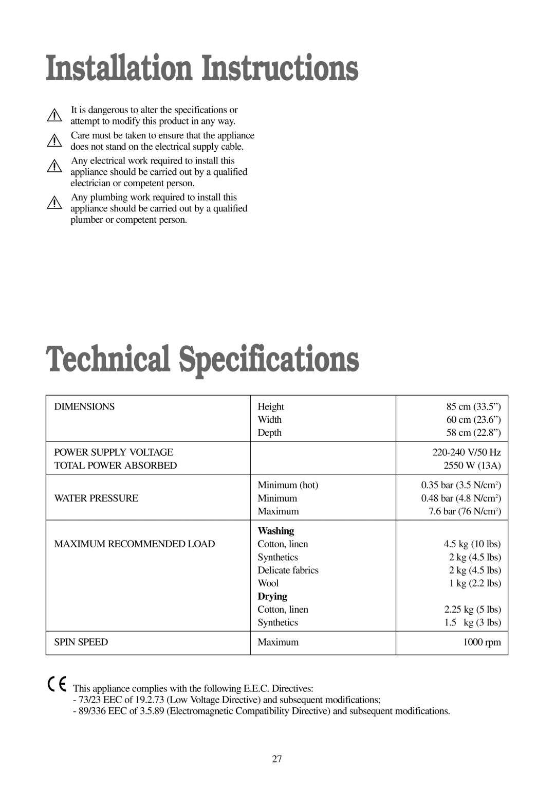 Tricity Bendix WDR 1020, CWD 1010 Installation Instructions, Technical Specifications, Washing, Drying 