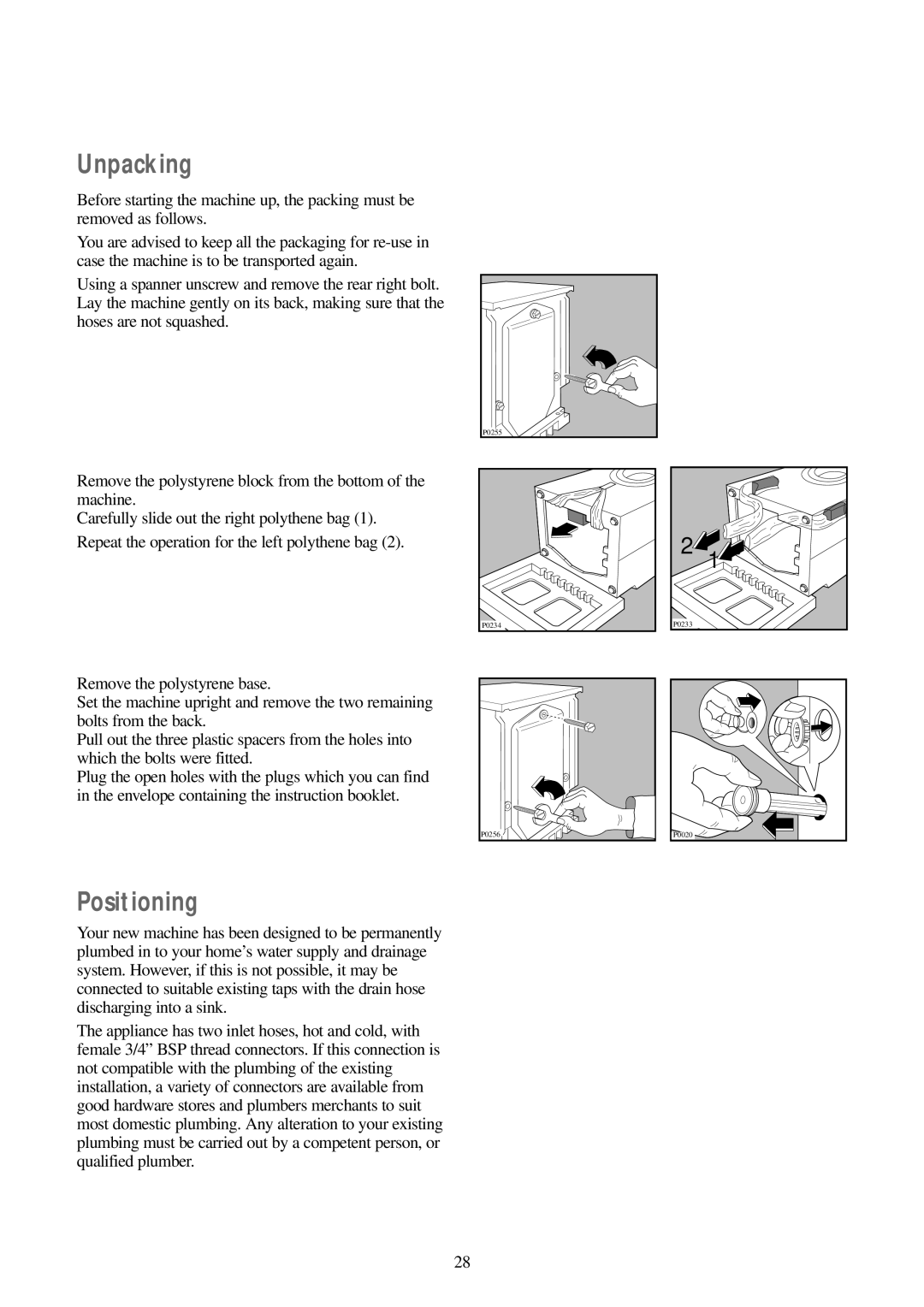 Tricity Bendix CWD 1010, WDR 1020 installation instructions Unpacking, Positioning 