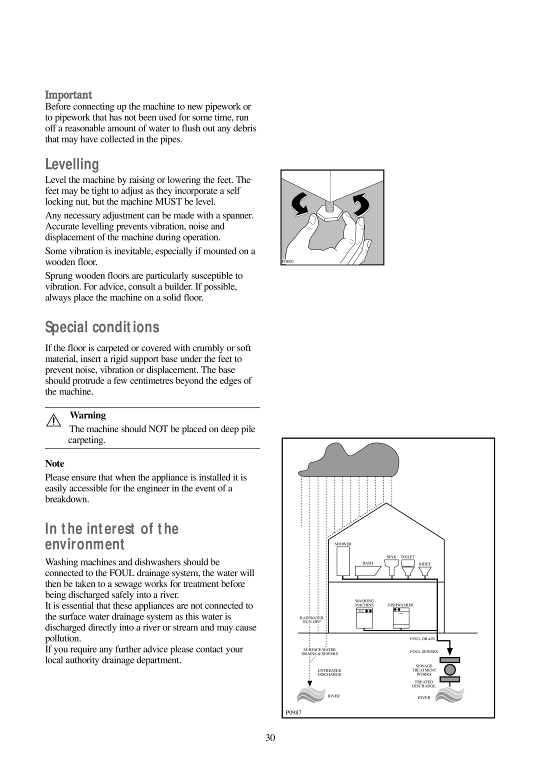 Tricity Bendix CWD 1010, WDR 1020 installation instructions Levelling, Special conditions, Interest of the environment 