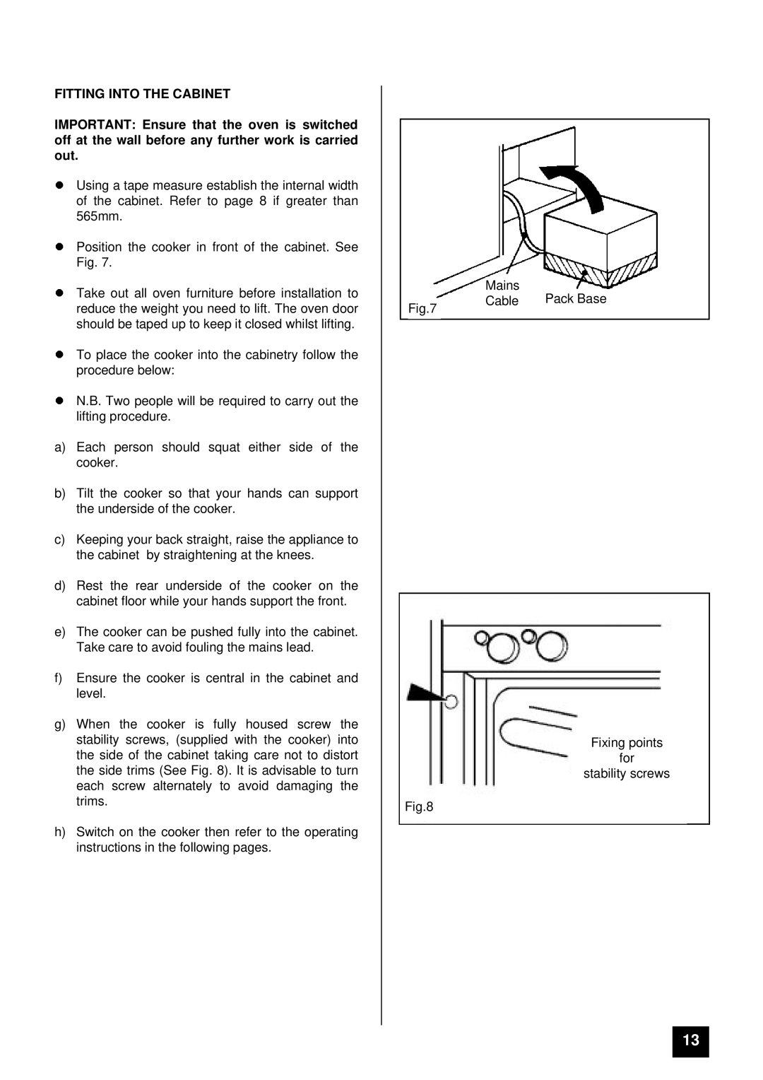 Tricity Bendix DORSET, DEVON installation instructions Fitting Into the Cabinet 