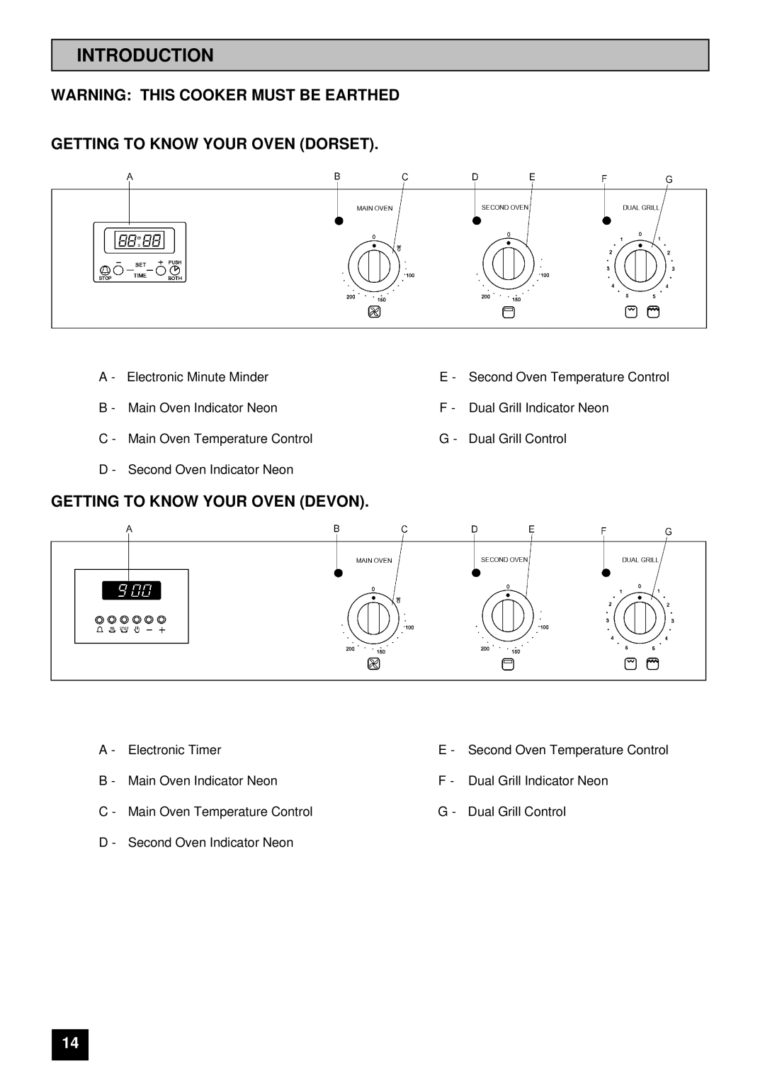 Tricity Bendix DEVON, DORSET Introduction, Getting to Know Your Oven Dorset, Getting to Know Your Oven Devon 