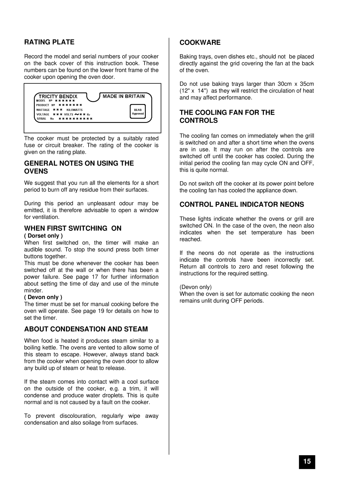 Tricity Bendix DORSET, DEVON Rating Plate, General Notes on Using the Ovens, When First Switching on, Cookware 