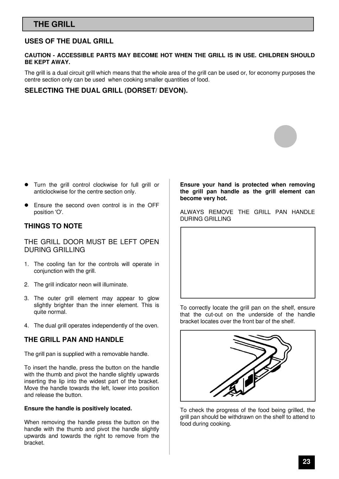 Tricity Bendix DEVON Uses of the Dual Grill, Selecting the Dual Grill DORSET/ Devon, Grill PAN and Handle 