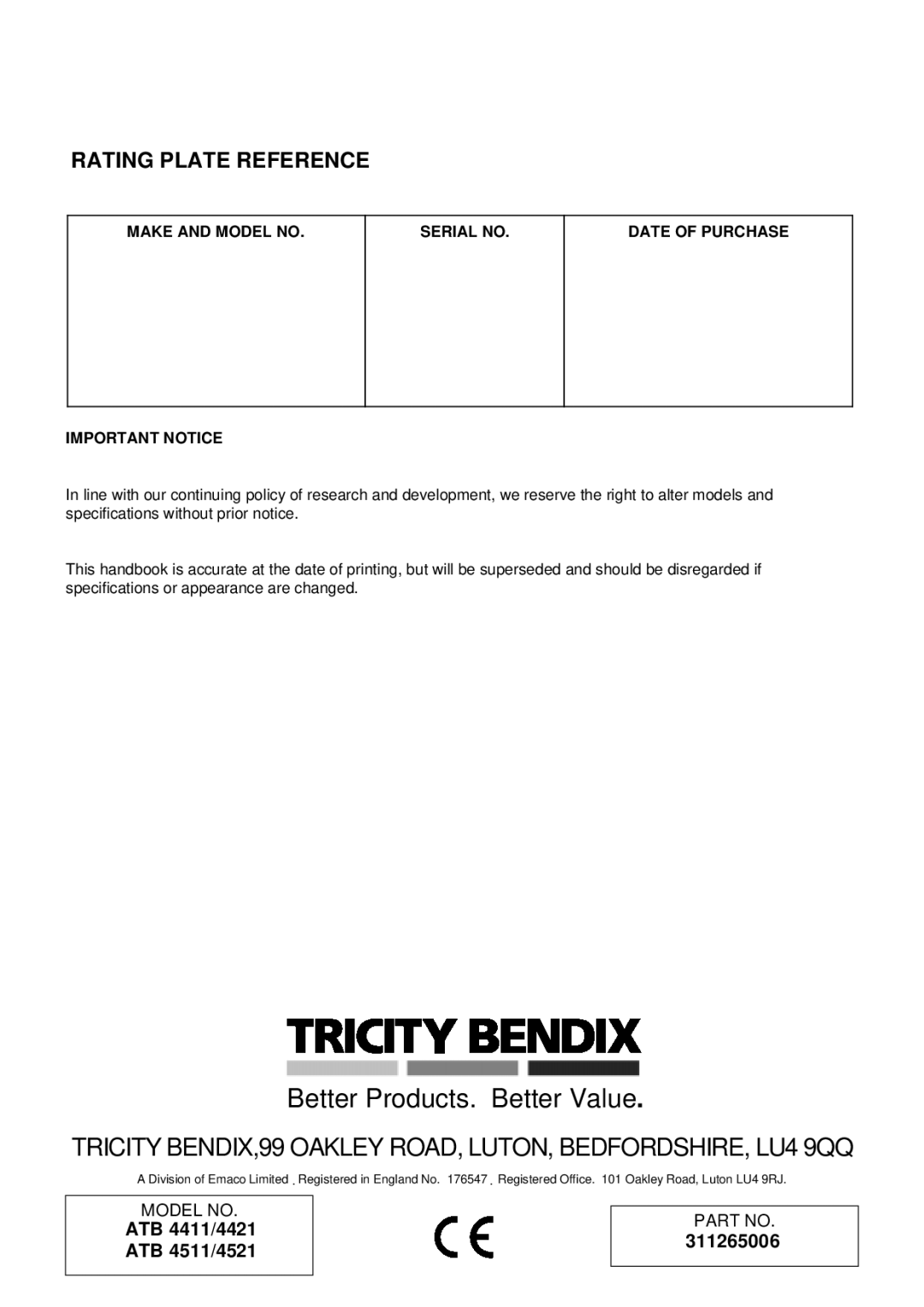 Tricity Bendix DEVON, DORSET installation instructions Better Products. Better Value, Rating Plate Reference 