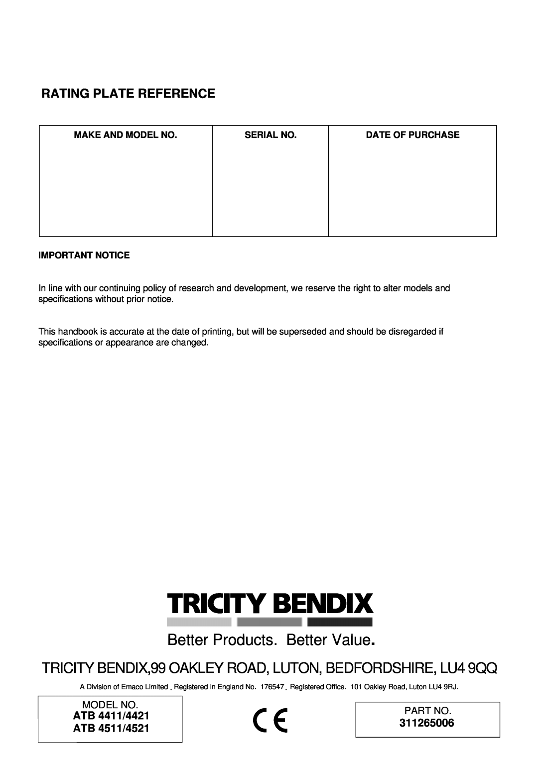 Tricity Bendix DEVON, DORSET Rating Plate Reference, ATB 4411/4421 ATB 4511/4521, 311265006, Better Products. Better Value 