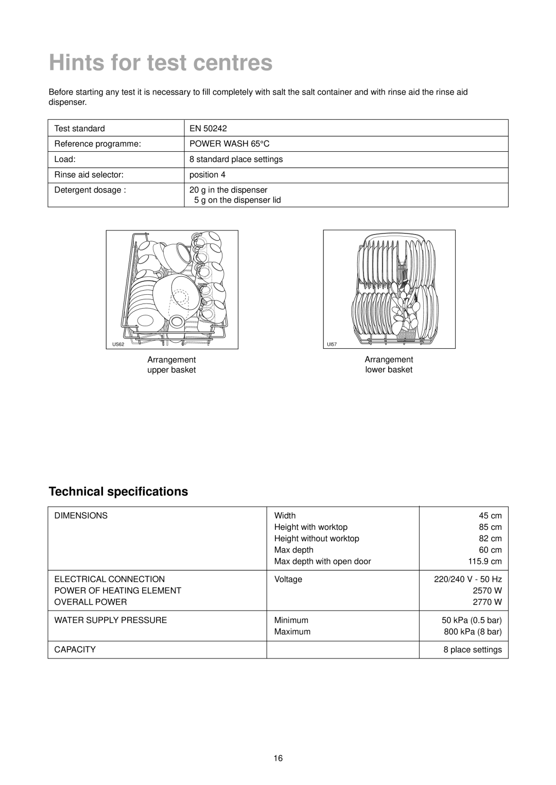 Tricity Bendix DH 086 manual Hints for test centres, Technical specifications 