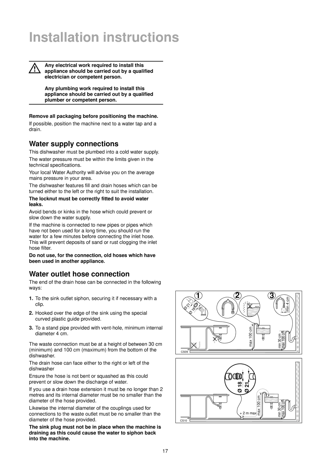 Tricity Bendix DH 086 manual Water supply connections, Water outlet hose connection 