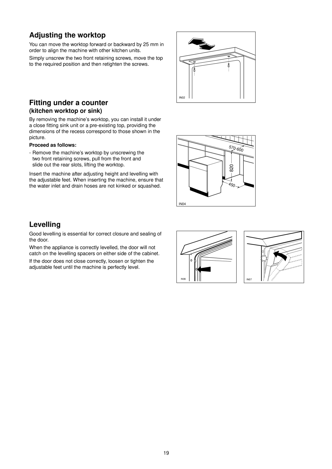 Tricity Bendix DH 086 manual Adjusting the worktop, Fitting under a counter, Levelling, Kitchen worktop or sink 