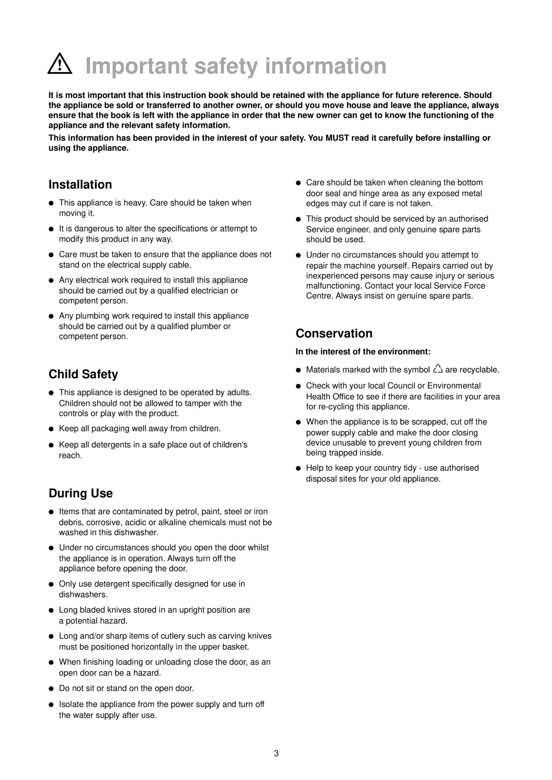 Tricity Bendix DH 086 manual Important safety information, Installation, Child Safety, Conservation, During Use 