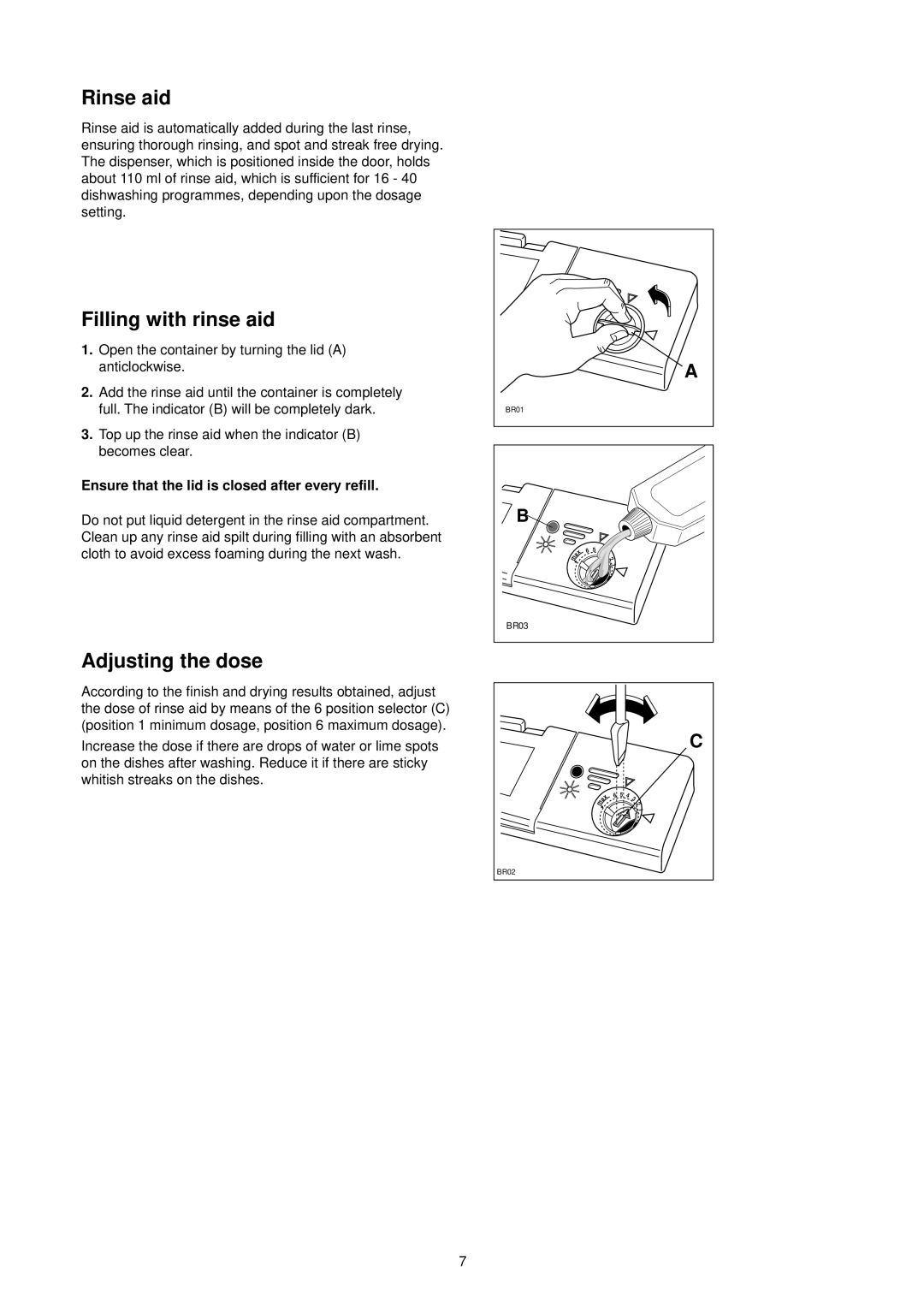 Tricity Bendix DH 086 manual Rinse aid, Filling with rinse aid, Adjusting the dose 