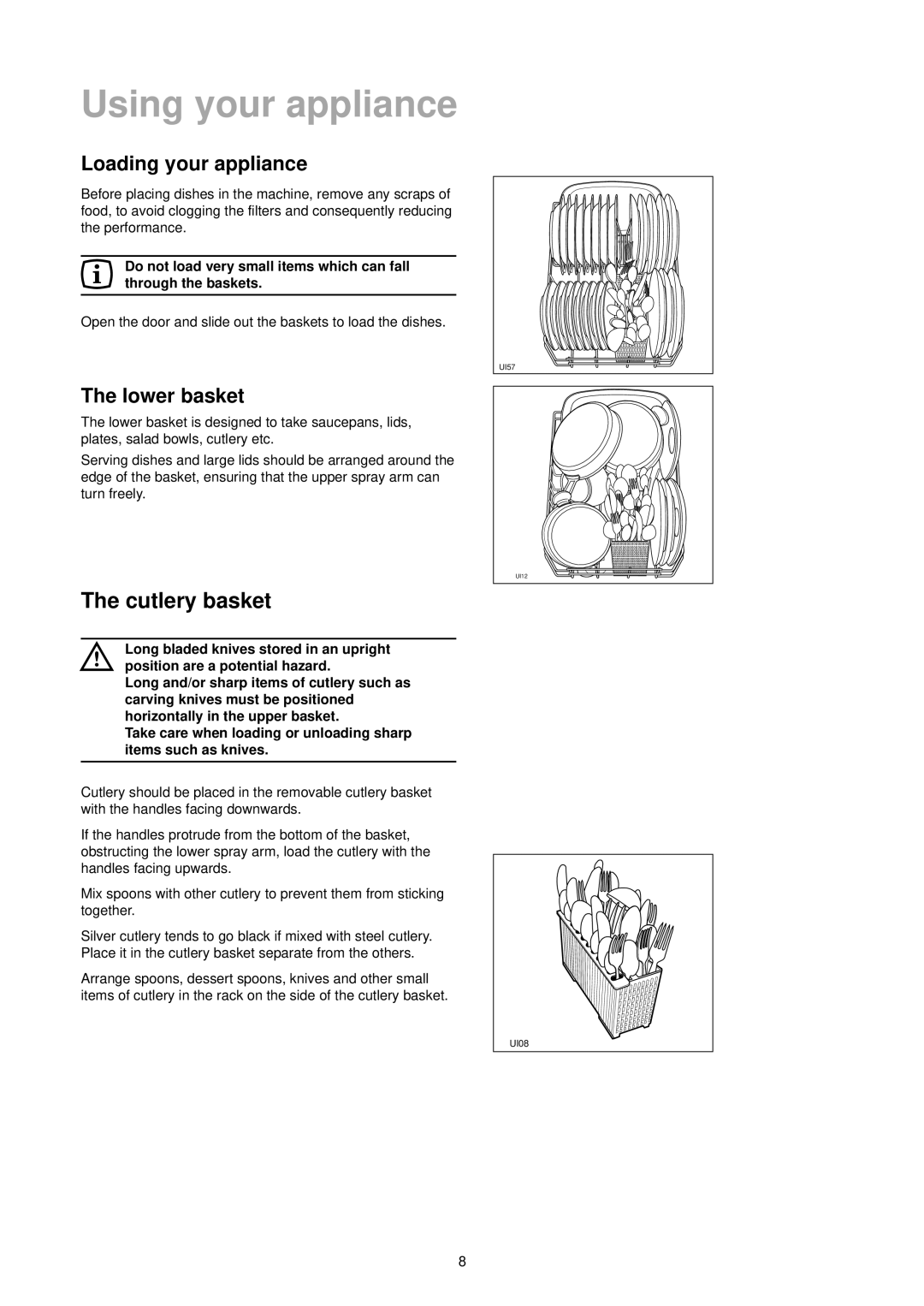 Tricity Bendix DH 086 manual Using your appliance, Loading your appliance, Lower basket 