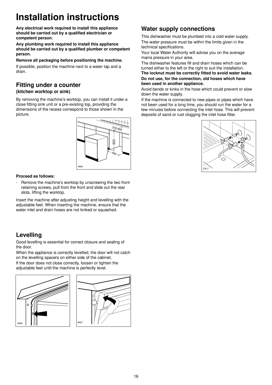 Tricity Bendix DH 088 manual Installation instructions, Fitting under a counter, Water supply connections, Levelling 