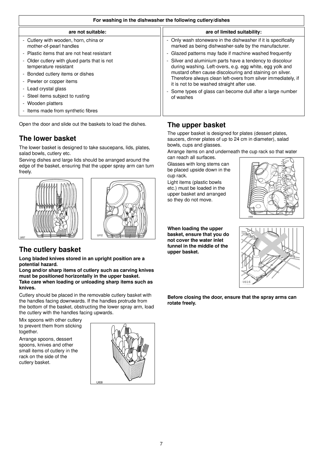 Tricity Bendix DH 088 manual Lower basket, Cutlery basket, Upper basket, Are of limited suitability 