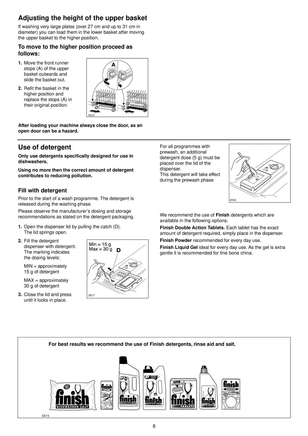 Tricity Bendix DH 088 manual Adjusting the height of the upper basket, Use of detergent, Fill with detergent 