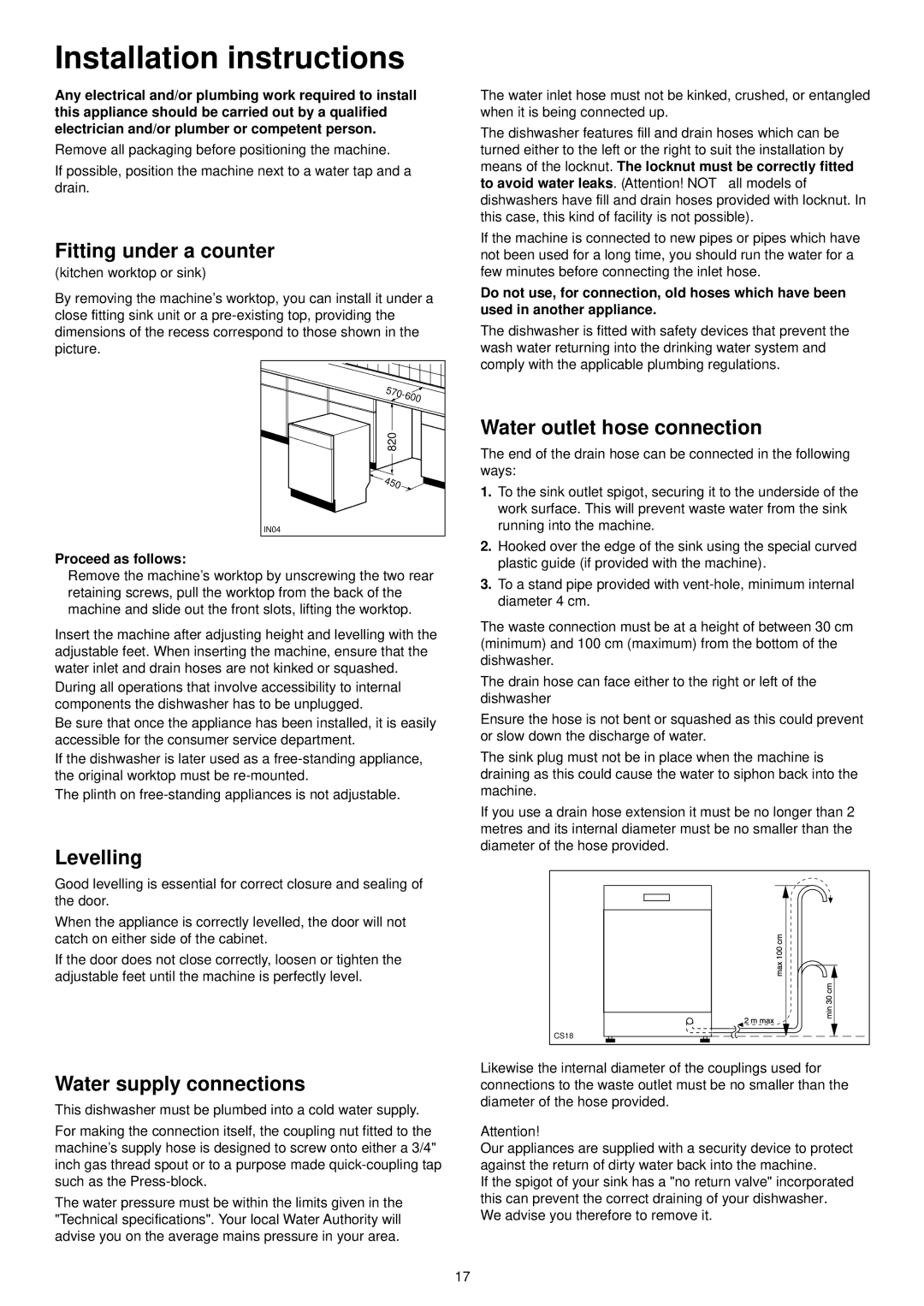 Tricity Bendix DH 090 manual Installation instructions, Fitting under a counter, Levelling, Water supply connections 