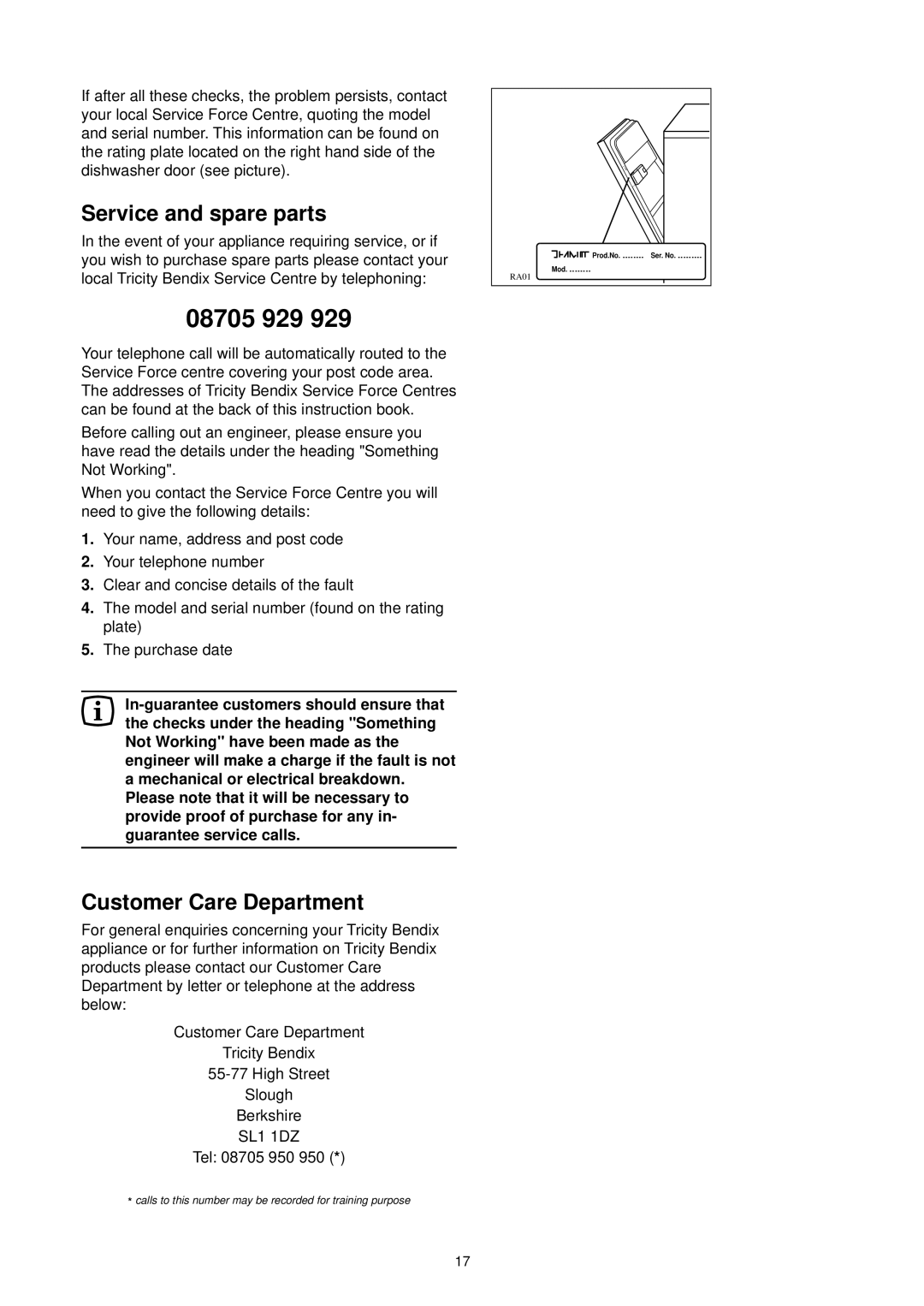 Tricity Bendix DH 101 manual Service and spare parts, Customer Care Department 